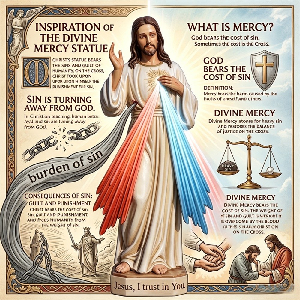 mercy and sin behind statue