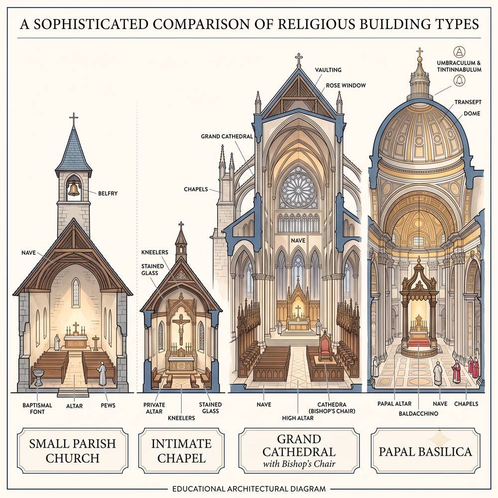 comparison four types of religious buildings side by side