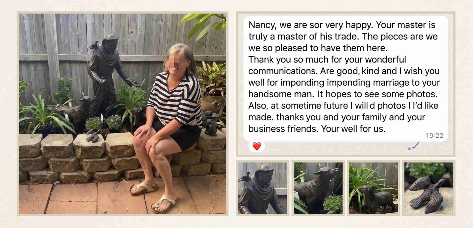 Custom Saint Francis with animals outdoor garden feedback from Australia