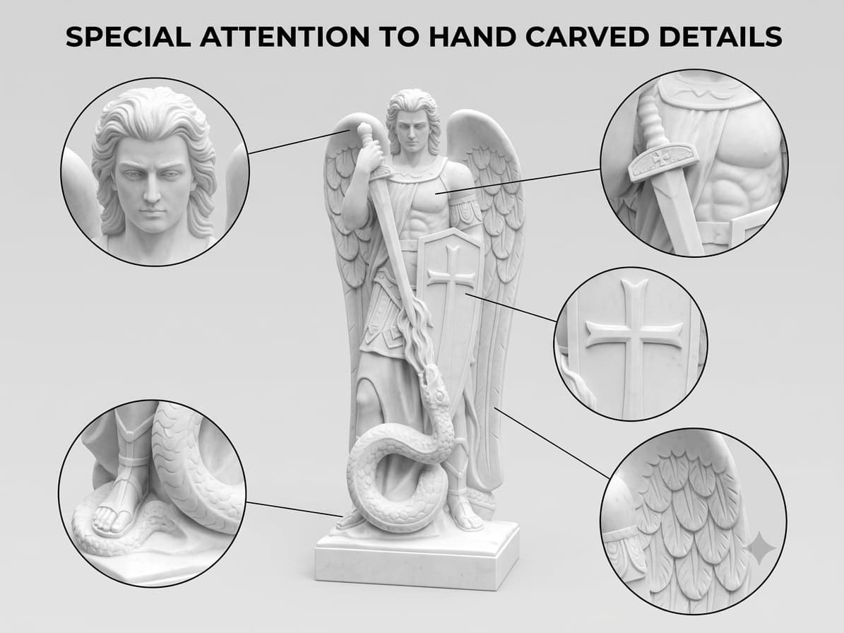 Large Saint Michael statue carving process and details 13 — infographic showing five hand-carved detail zones of the Saint Michael statue