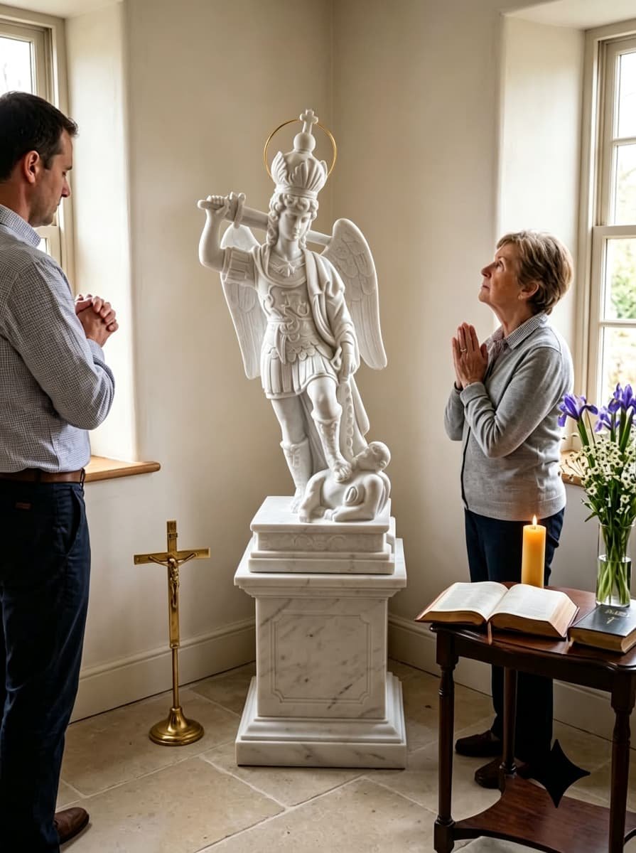 A home prayer corner with a white marble Saint Michael statue, wooden crucifix, lit candle, open Bible and blue iris flowers by a window