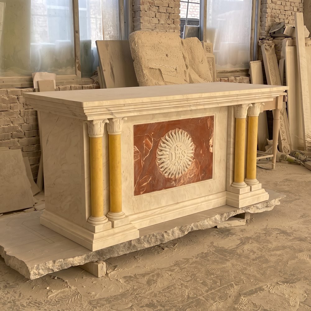Marble Church Altar with IHS Relief Carving