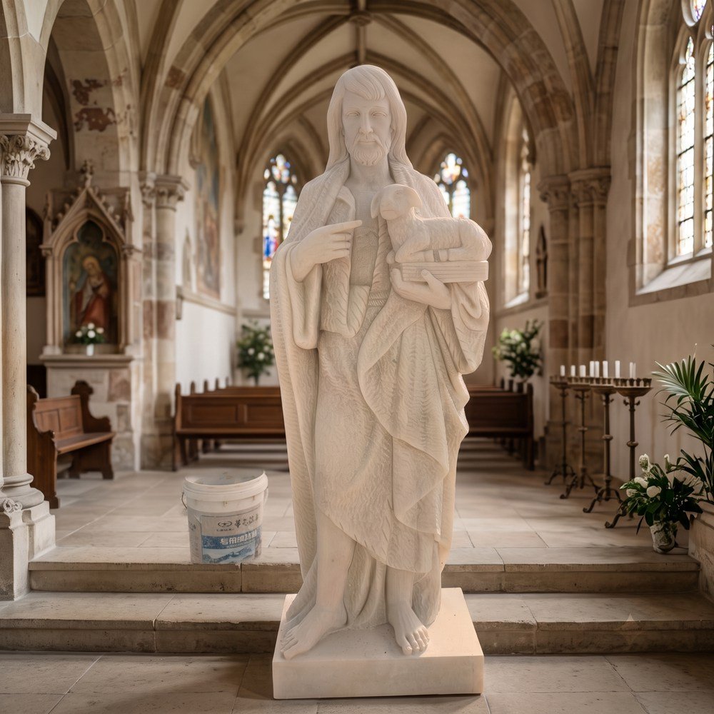 White marble statue of a bearded man in robes holding a lamb, standing on a step inside a gothic church.