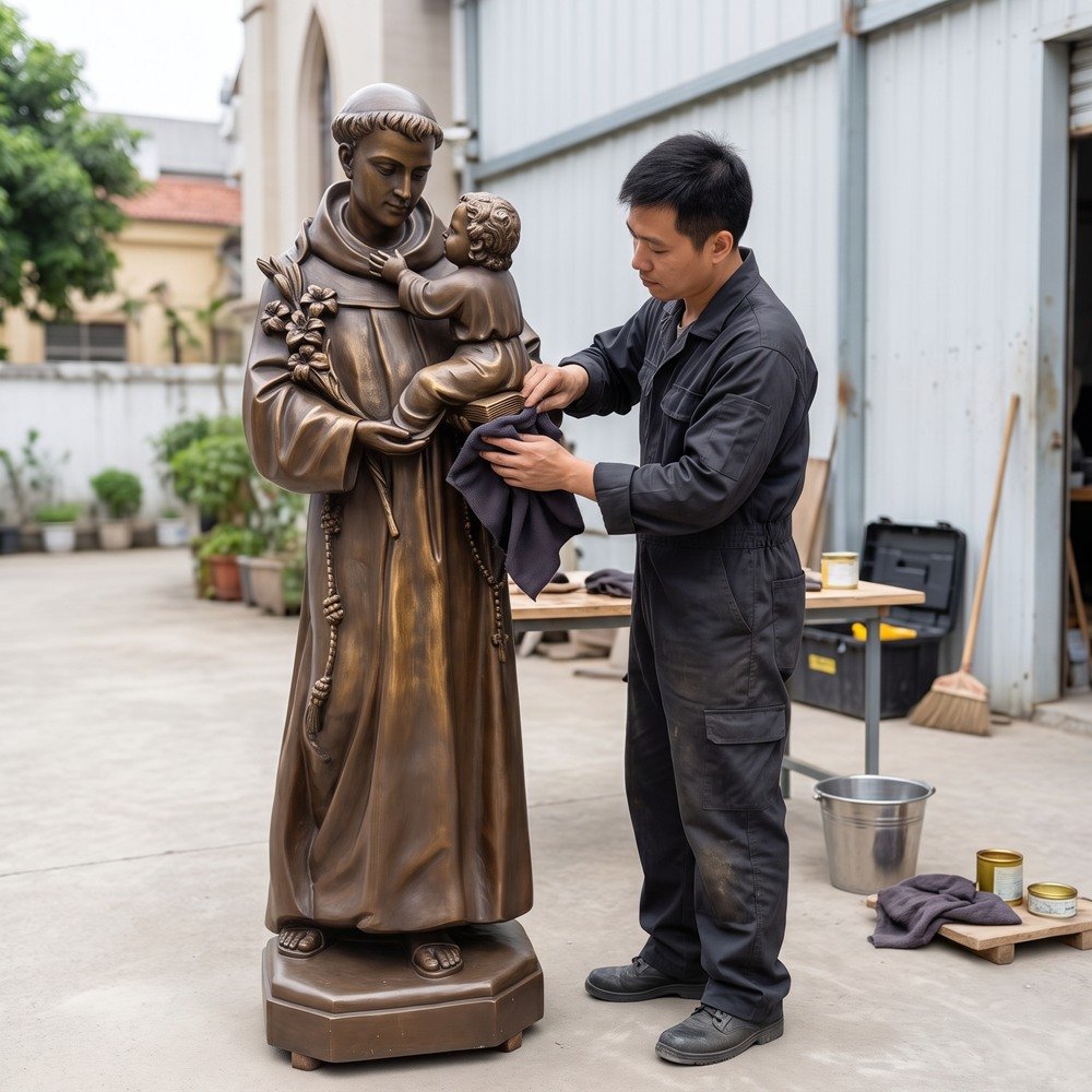 Our worker in work clothes wiping and waxing a bronze statue of a saint holding a child, in an outdoor workshop.