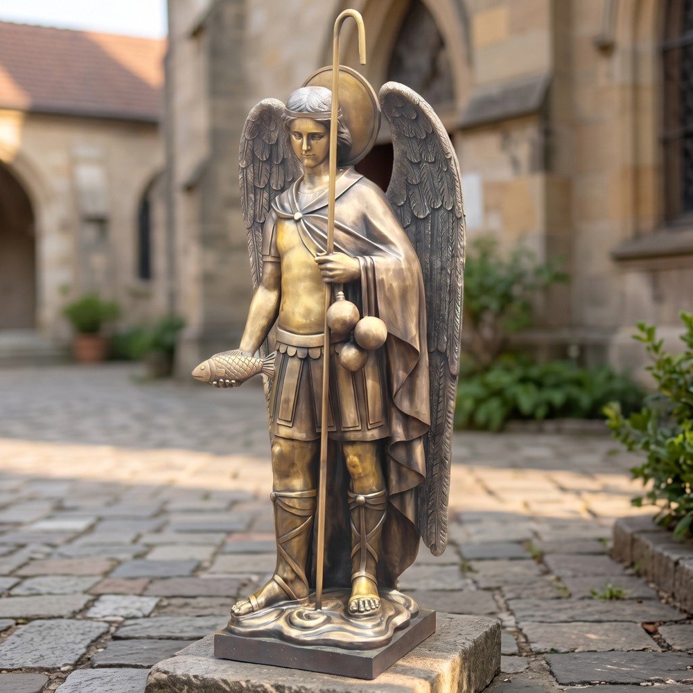 Bronze statue of Archangel Raphael with large wings, halo, hooked staff and a fish, standing in a stone garden courtyard.