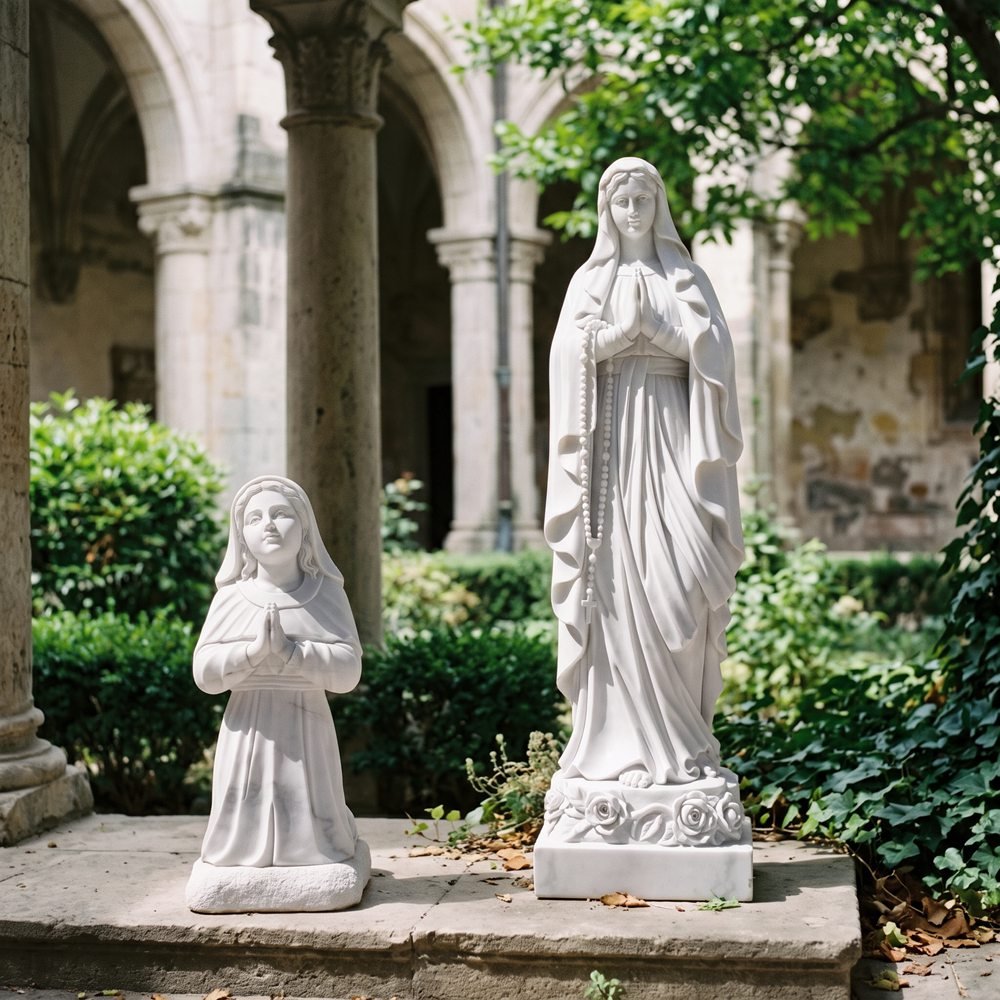 Two white marble statues outdoors: a standing Virgin Mary with clasped hands and a rosary, and a kneeling praying child, in a stone courtyard.