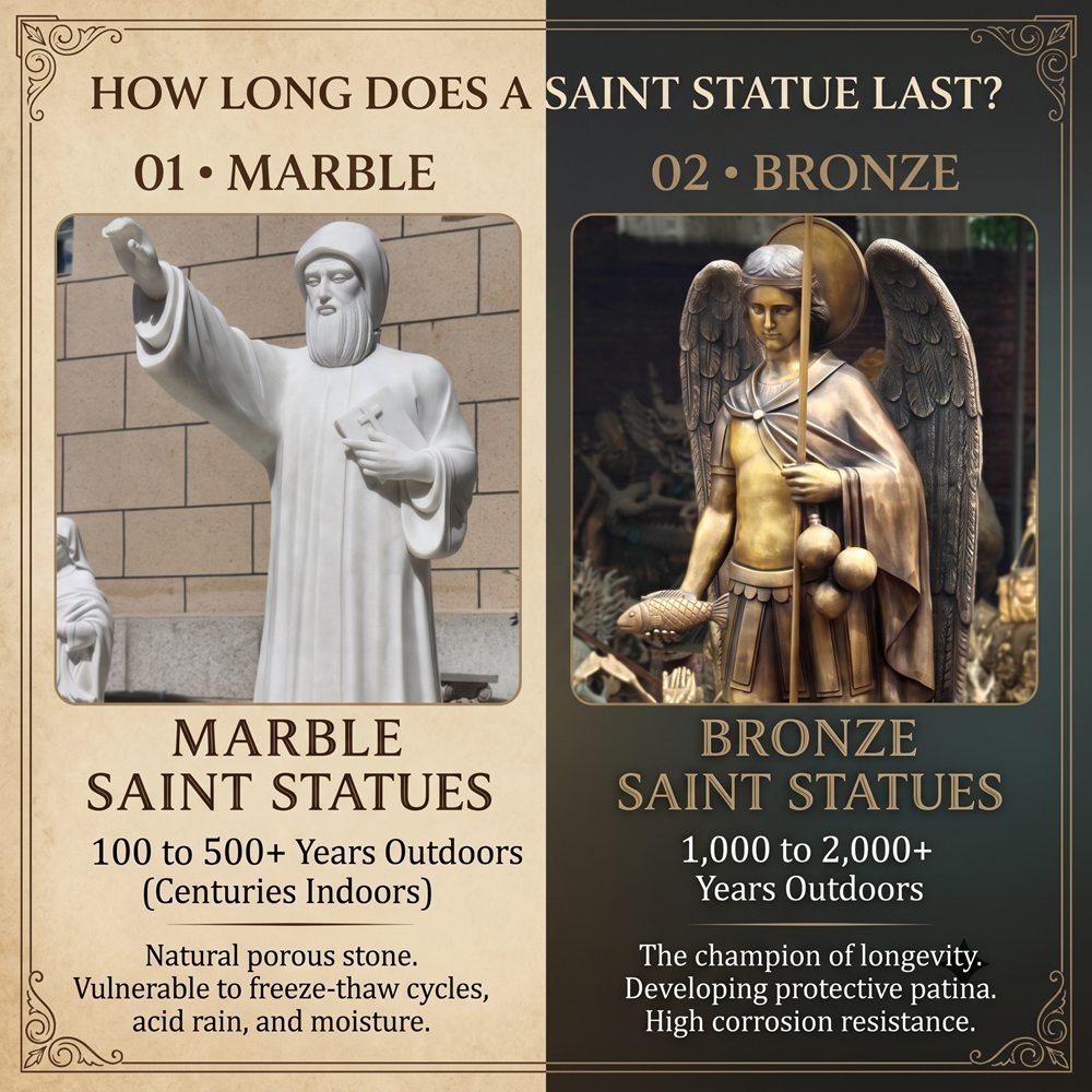 Comparison poster of marble and bronze saint statue lifespans: marble 100 to 500+ years outdoors, bronze 1,000 to 2,000+ years.