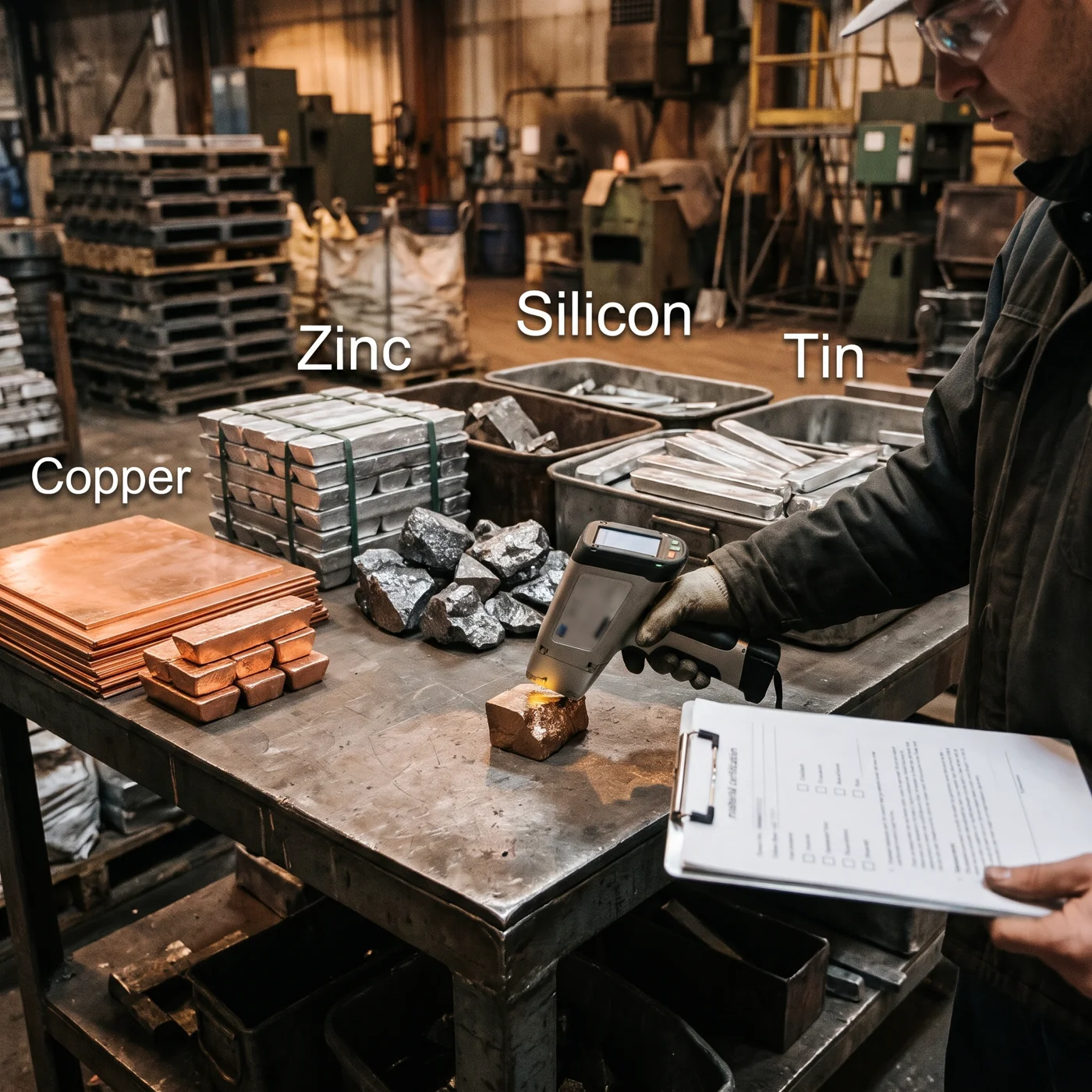 Copper zinc silicon and tin shown with a handheld material analyzer