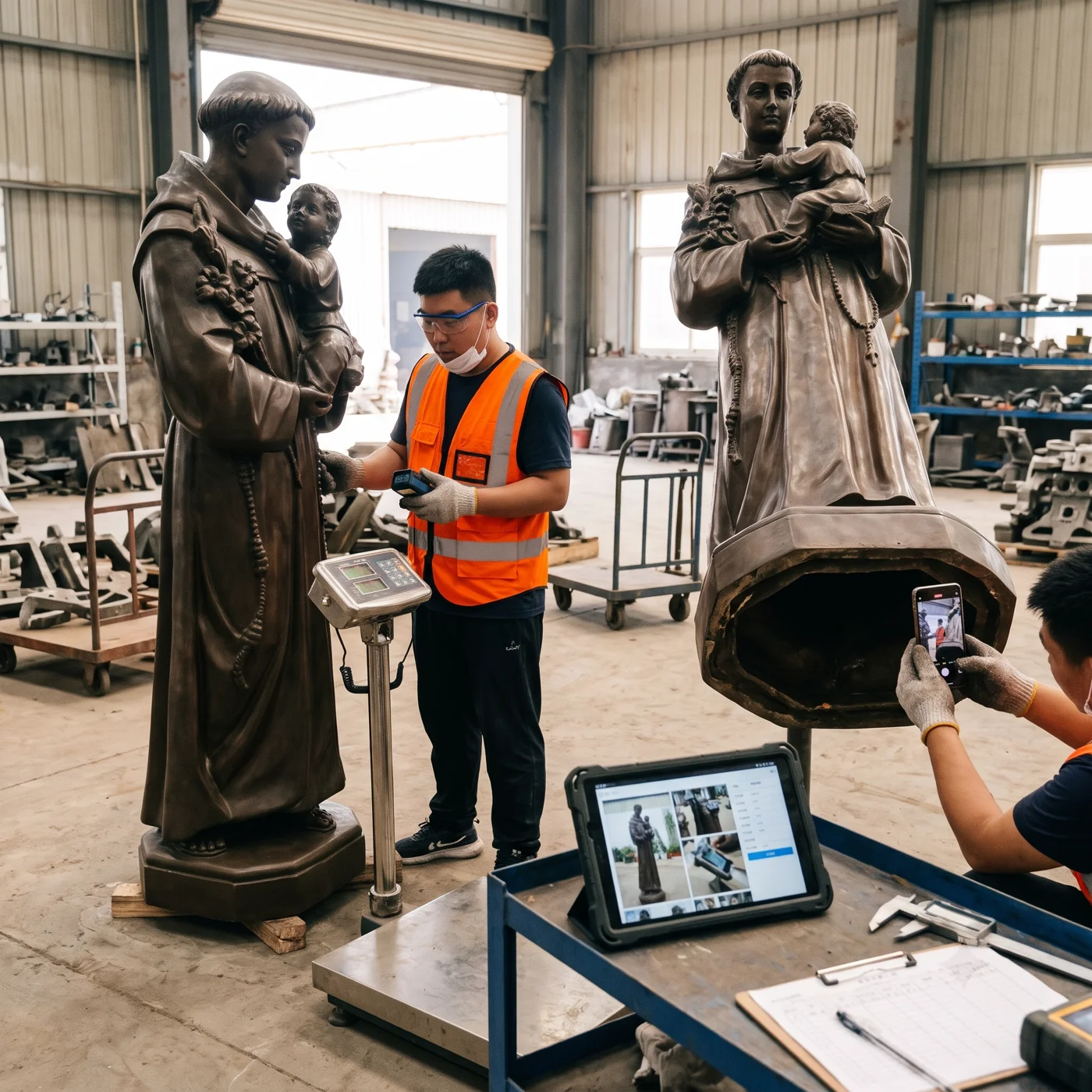 Religious statues shown during inspection with a hollow base visible