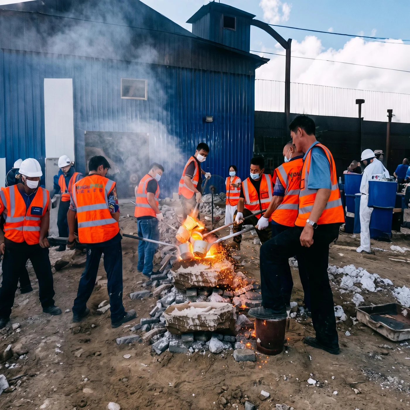 Workers pouring molten metal into foundry molds