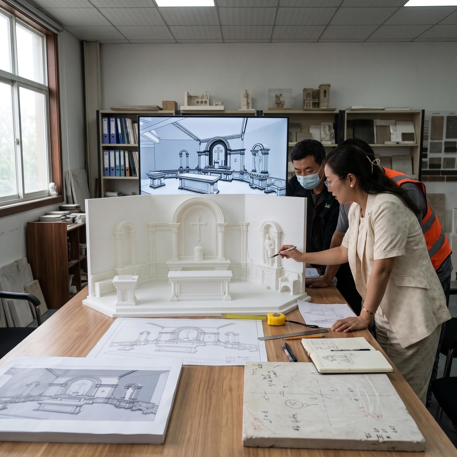 Team reviewing a sanctuary scale model alongside drawings
