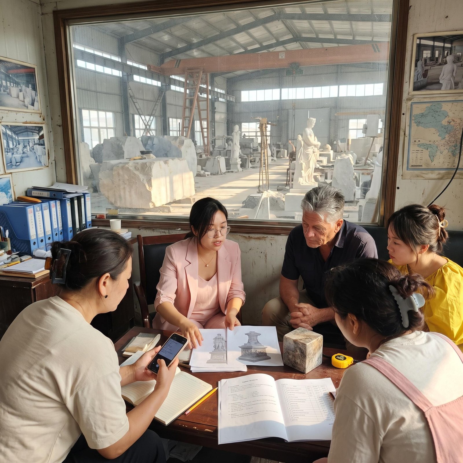 Team discussing sculpture drawings and a stone sample