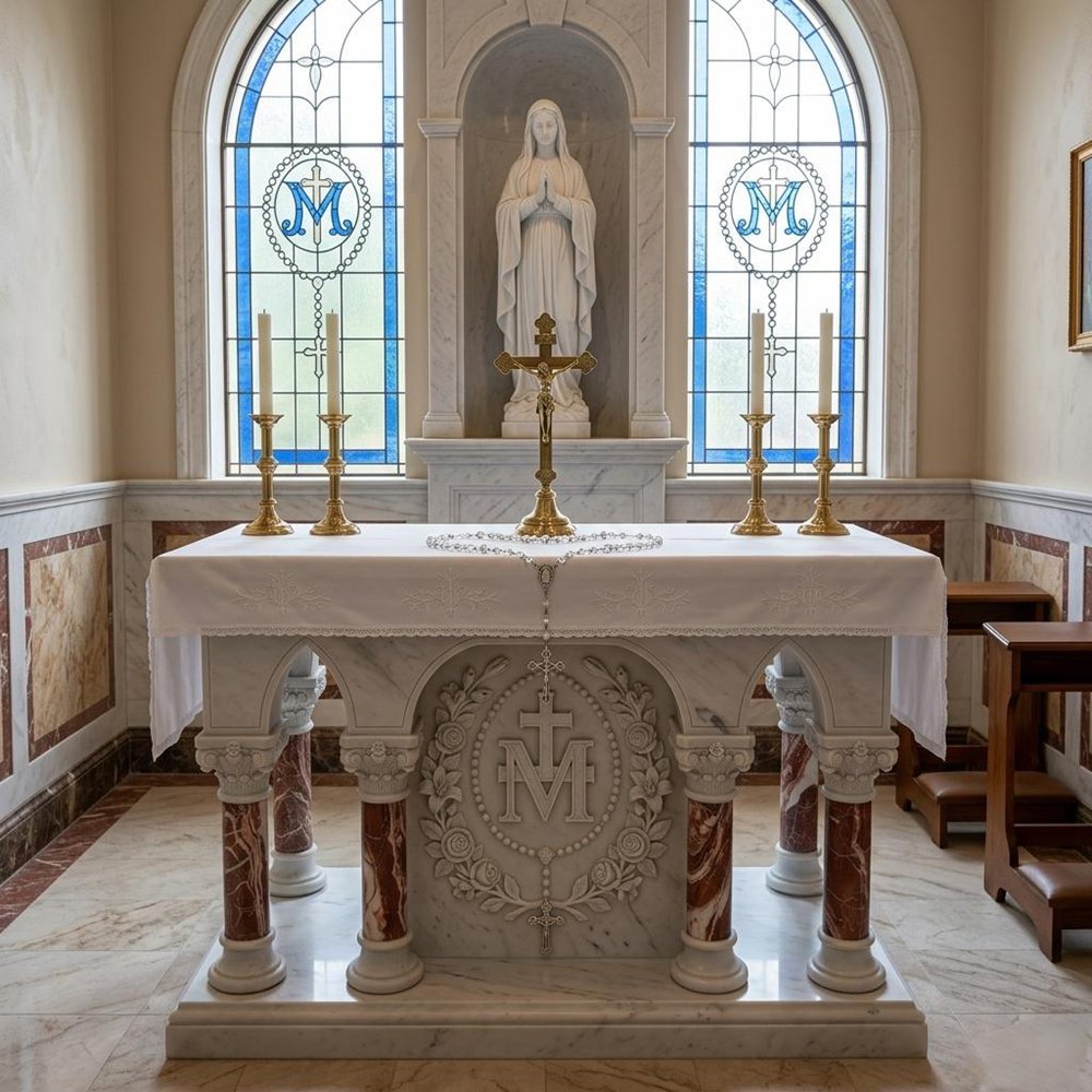 Marian Home Altar with Marble Statues