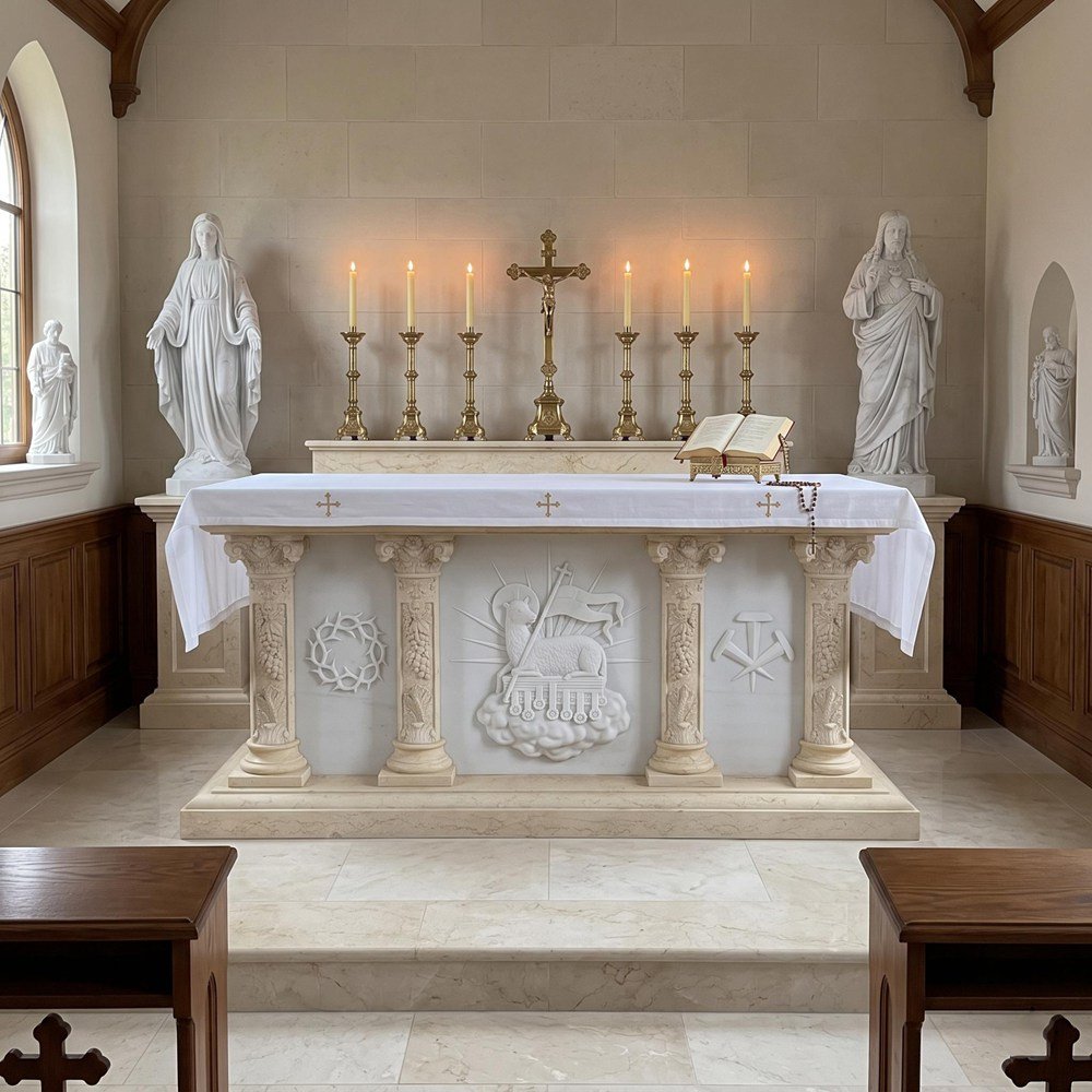 marble church altar featuring Agnus Dei relief