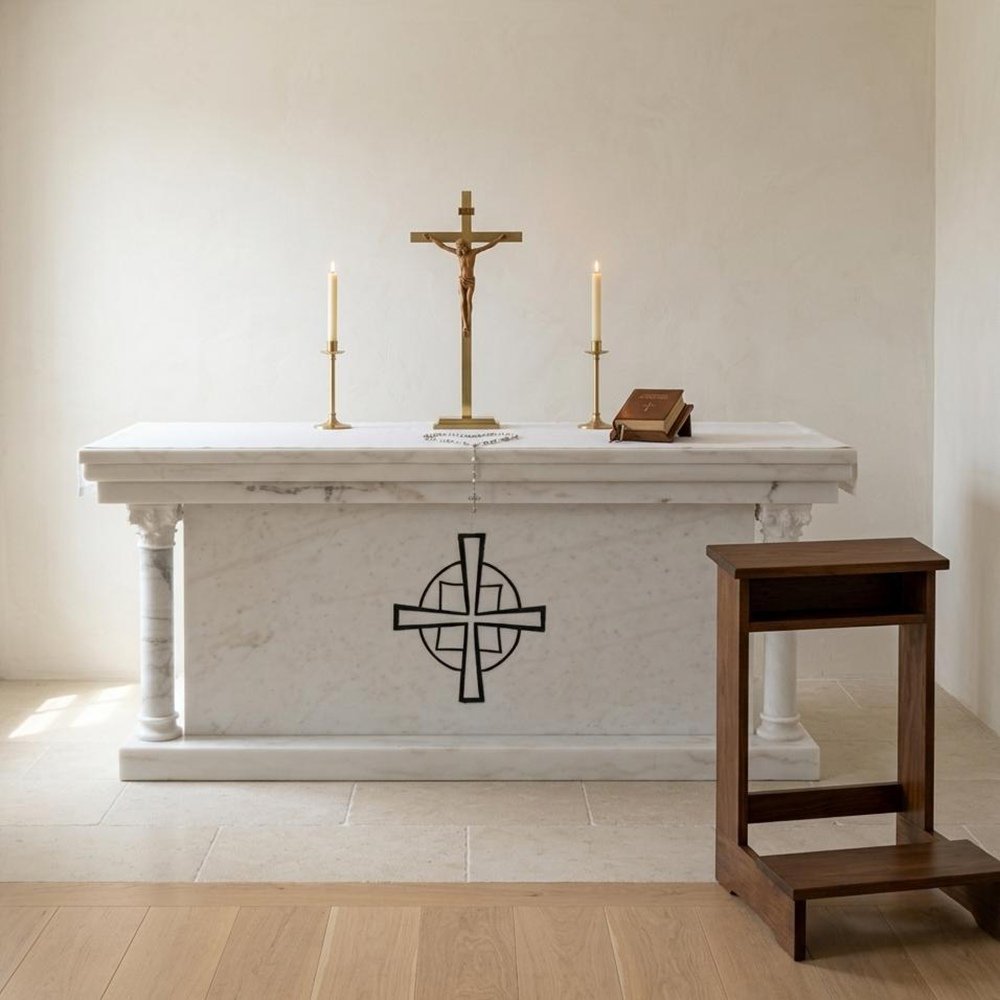 Minimalist white marble church altar