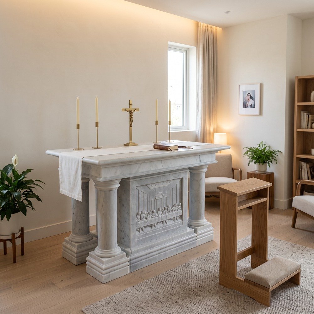 marble altar with The Last Supper relief