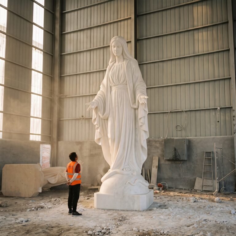 Large marble Virgin Mary statue with open hands in a workshop