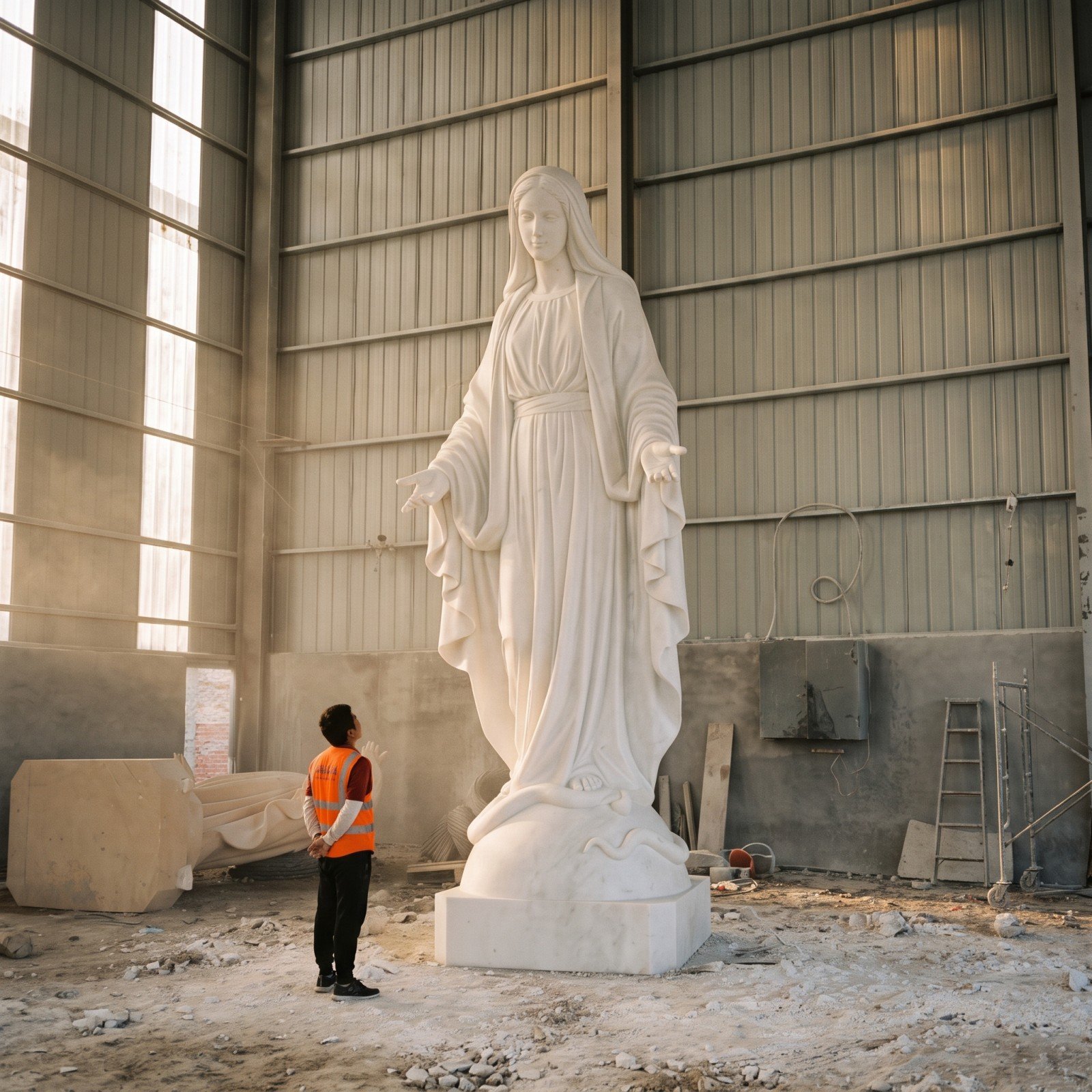 Large marble Virgin Mary statue with open hands in a workshop