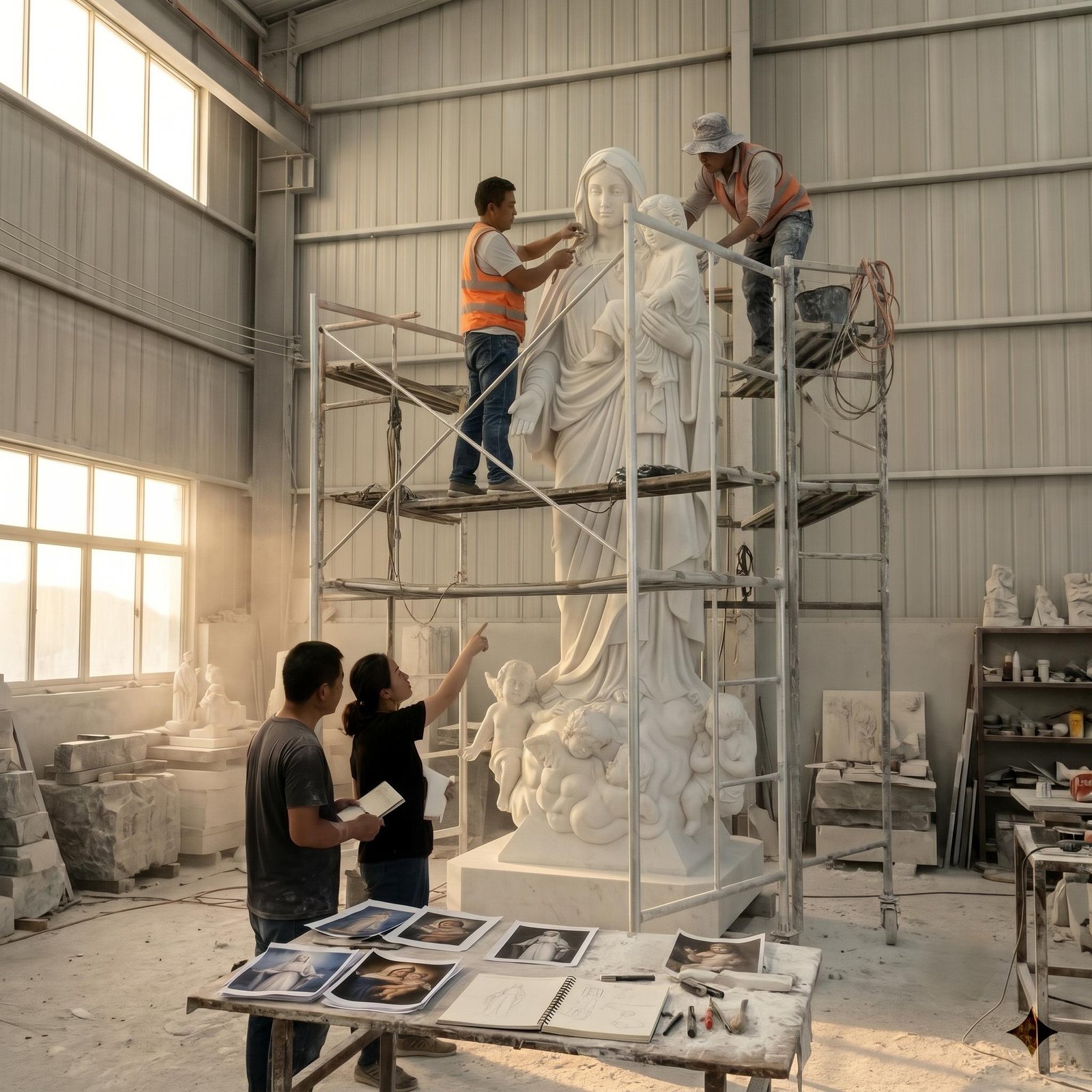 Workers refining a large Madonna and Child sculpture