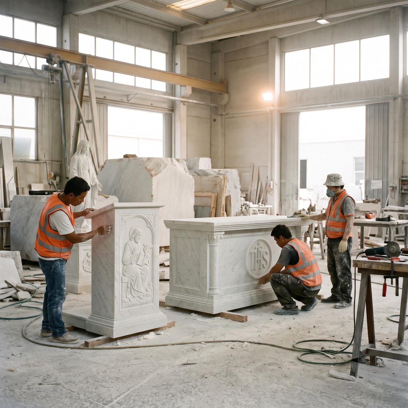 Workers finishing a marble altar and matching ambo