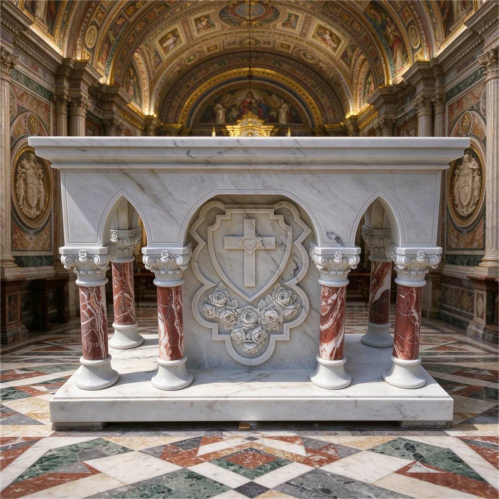 White marble altar table with red columns and cross shield relief