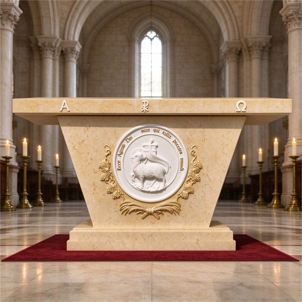 Beige marble altar with Lamb of God relief