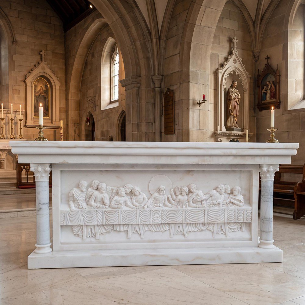 White marble altar table with Last Supper relief