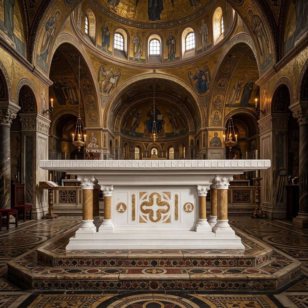 Byzantine-style white marble altar with cross roundel