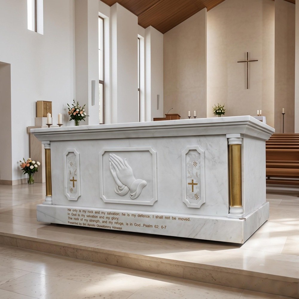 Memorial altar with praying hands and Psalm inscription