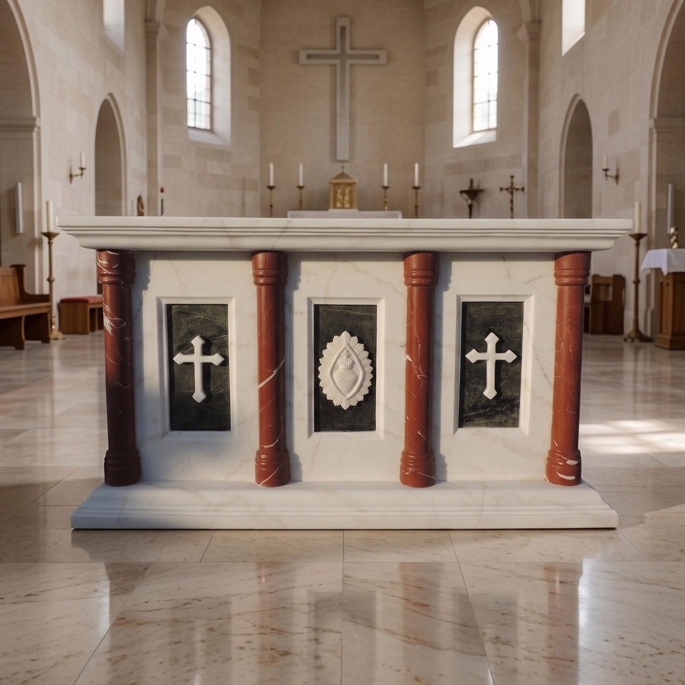 Altar with red marble columns and Sacred Heart