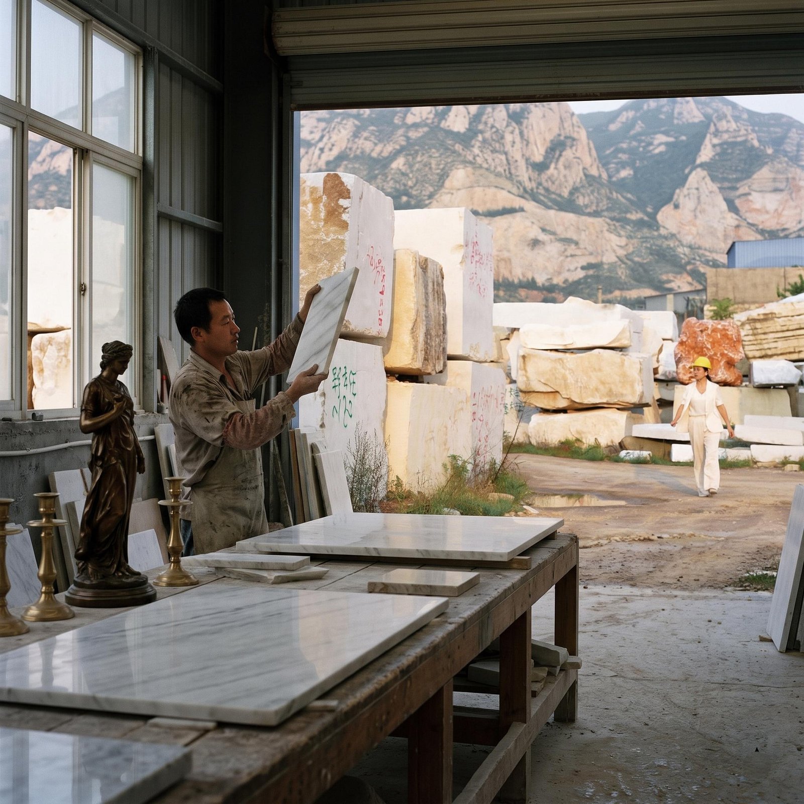 Worker examining a marble sample