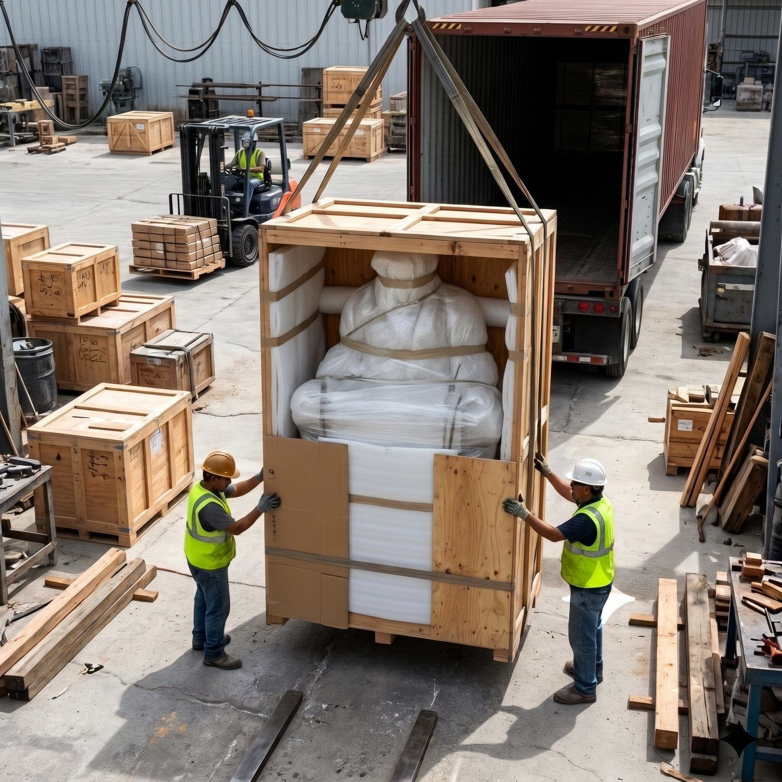 Padded wooden sculpture crate beside a shipping container