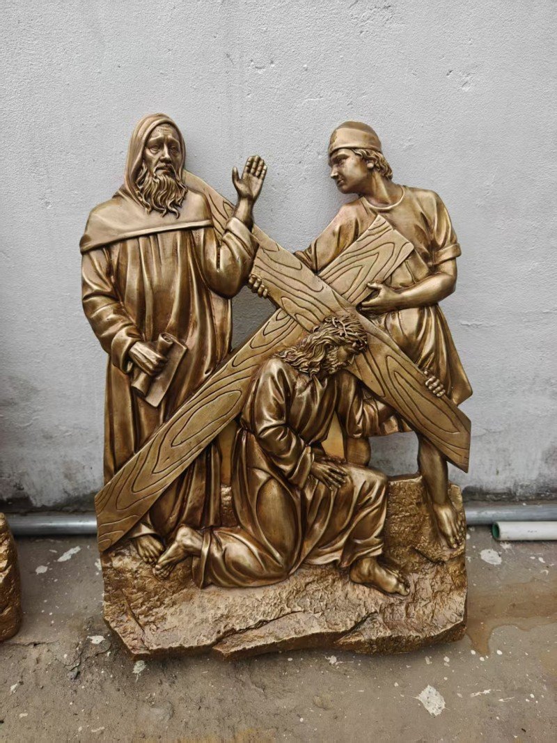 Gold-colored relief, Station VII — Jesus falls the second time